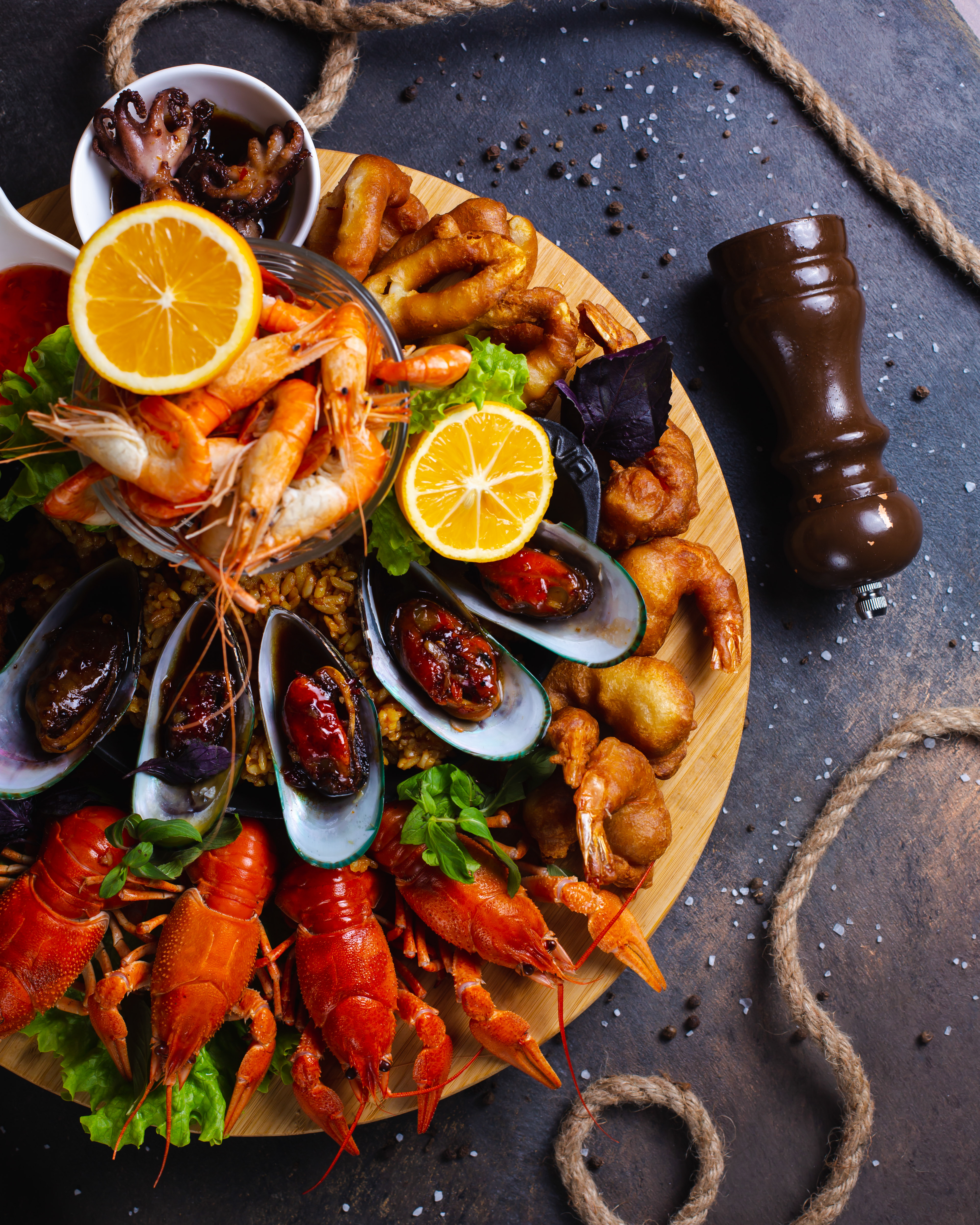 Fresh gourmet food in a dark bowl